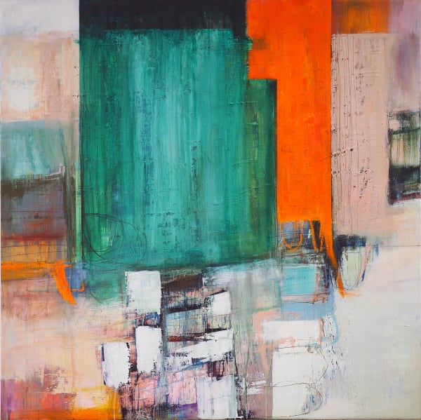 A geometric and abstract painting with orange and green rectangular shapes by Danish artist Morten Lassen.
