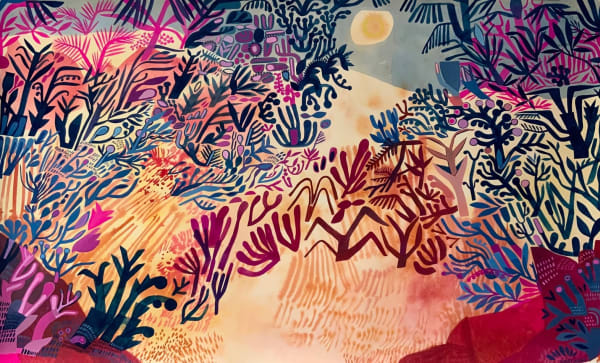Ashley Amery London based visual artist botanical bright colourful illustration in guache ion paper in series "the end of all our exploring"