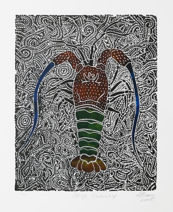 David Bosun, coloured linocut with pochoir, Torres Strait Islands, Aboriginal artist and artwork