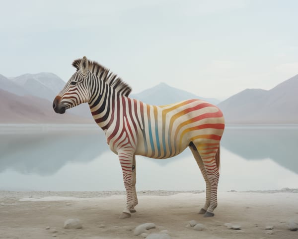 Digitally manipulated photograph of a rainbow striped zebra with mountains in the background by nature artist Jim Naughten from the Biophilia collection represented by Rebecca Hossack Art Gallery.