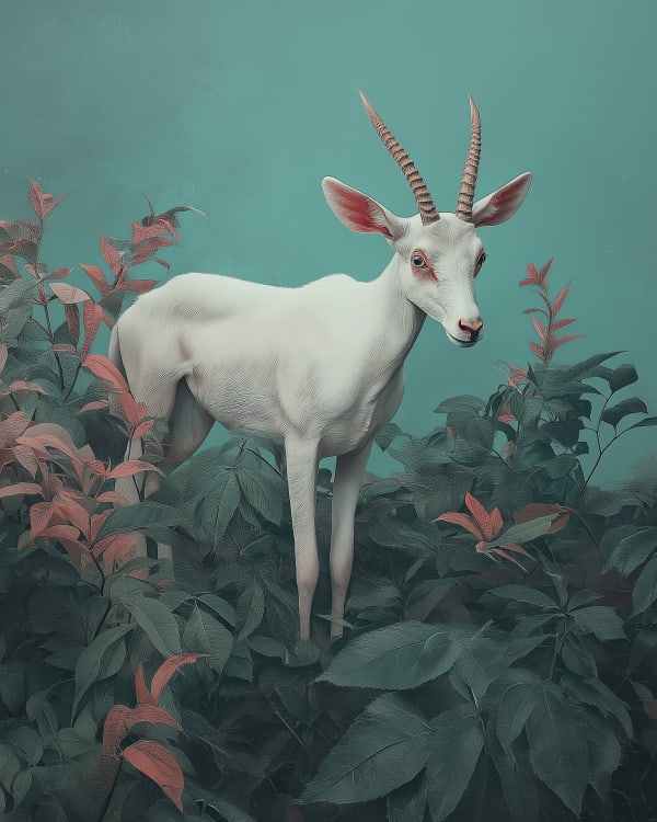 Digitally manipulated photograph of a white goat surrounded by orange flowers in nature by British artist Jim Naughten.