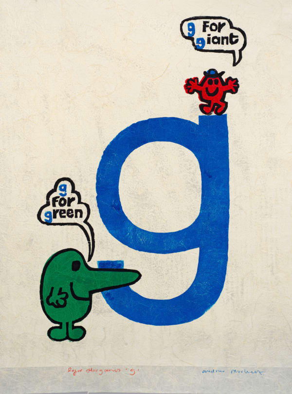 Blue pop art print of the letter G featuring a Mr. Men cartoon character by British artist Andrew Mockett represented by Rebecca Hossack Art Gallery.