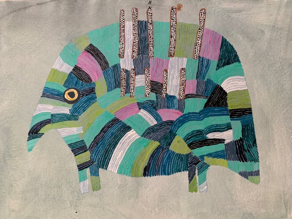 A painting of an animal with different segmented colours by Aboriginal-Australian artist Dulcie Sharpe entitled Tjilkamata