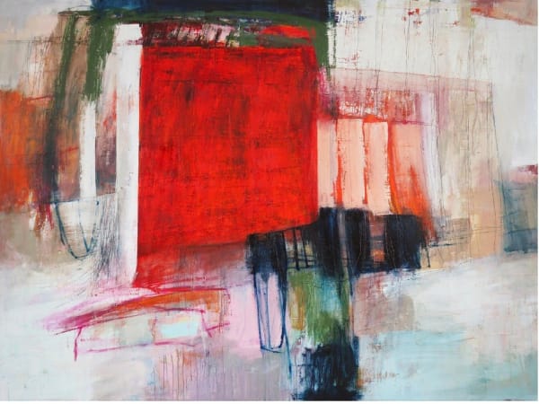 Large scale abstract expressionist painting by Danish artist Morten Lassen, featuring layered colours, dynamic brushstrokes, and a balance of spontaneity and structure.