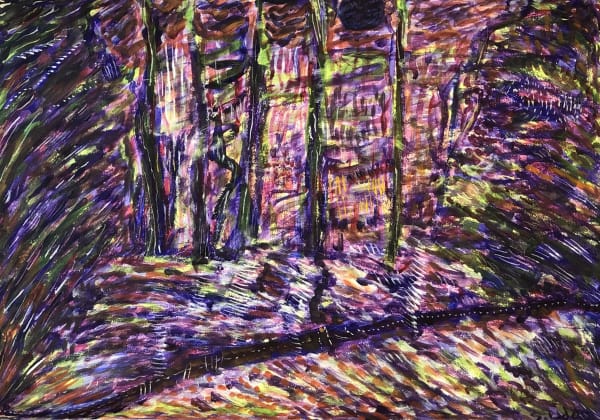Uddin’s paintings – done in gouache on paper – shimmer with expressive colour. Their characteristic short, dynamic brushstrokes impart a compelling energy to each scene