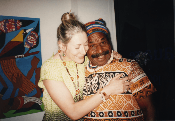 Mathias Kauage and Rebecca Hossack at the gallery in London for Kauage's exhibition