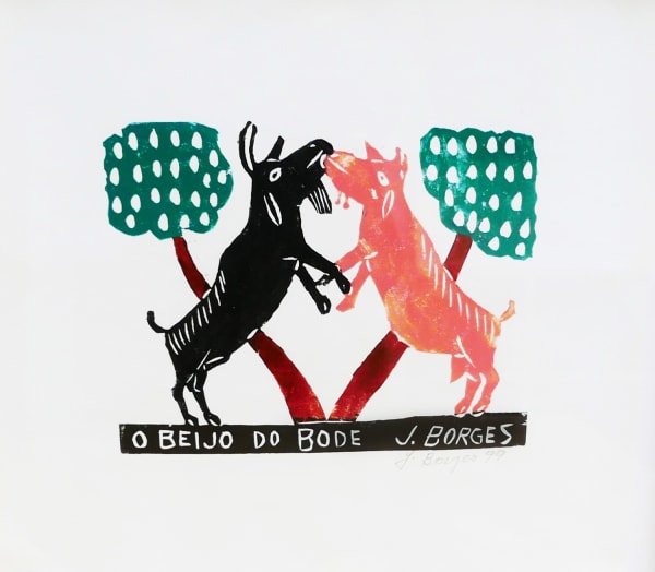 Bull fighting colourful woodcut on paper by José Borges. Represented by Rebecca Hossack Gallery.