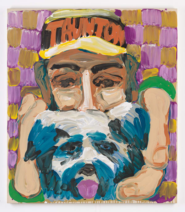 A vivid painting of a man sniffing the back of a small dog's head by artist David Surman.