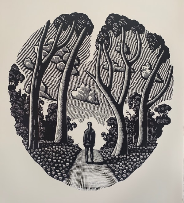 Black and white wooden linocut of a woman standing on a path lined by trees by Australian artist David Frazer.