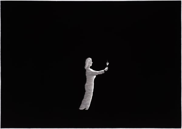 Black and white linocut of a woman holding a flame by renowned Australian artist David Frazer.