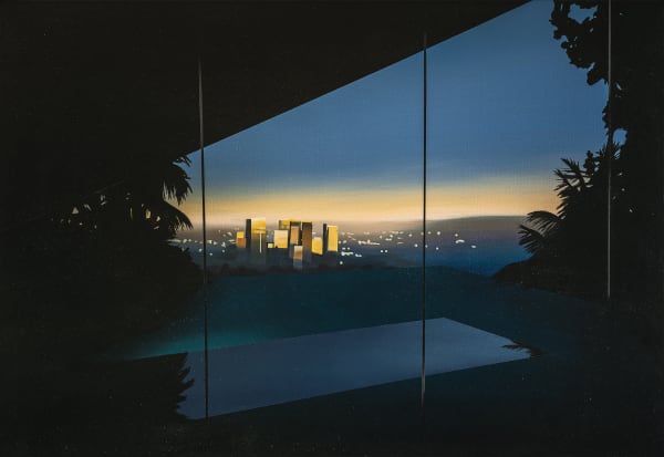 Painting of a window of a modernist house with an illuminated pool overlooking a darkening sky and city lights by British artist Laurence Jones.