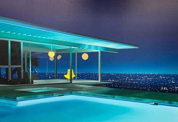 A photographic realist painting of a modern California mansion with an illuminated pool overlooking city lights by British artist Laurence Jones.