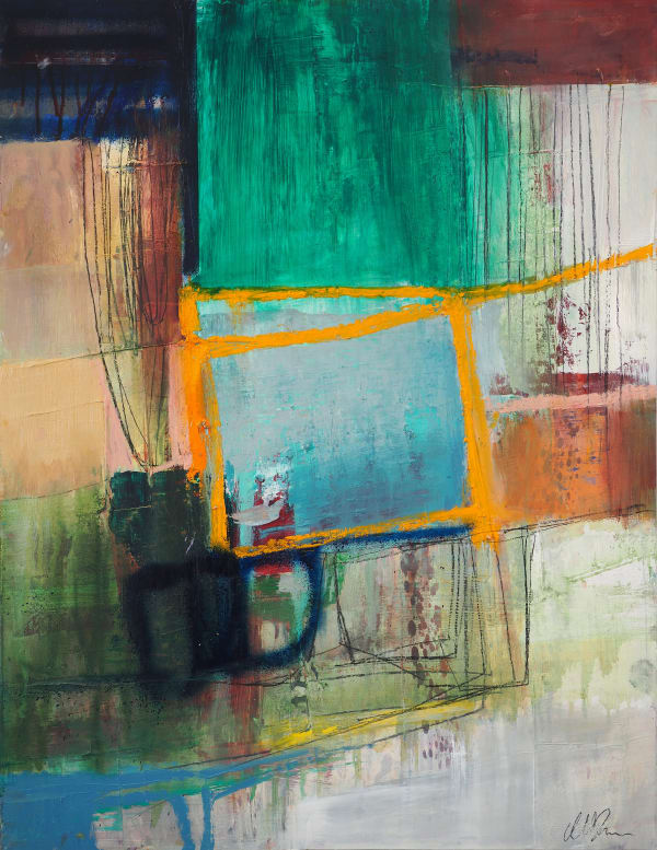 An abstract and expressive painting with blue and yellow and green colours and complex textures by Danish artist Morten Lassen.