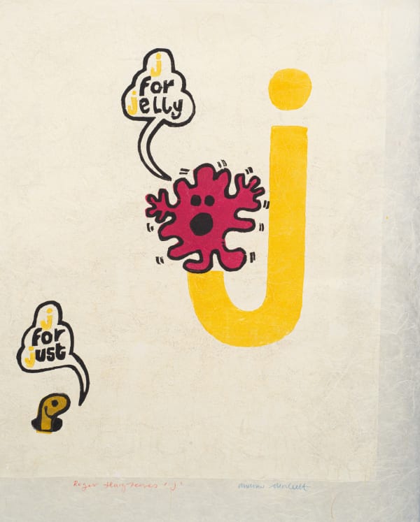 Yellow pop art print of the letter j featuring two Mr. Men cartoon characters by British artist Andrew Mockett represented by Rebecca Hossack Art Gallery.