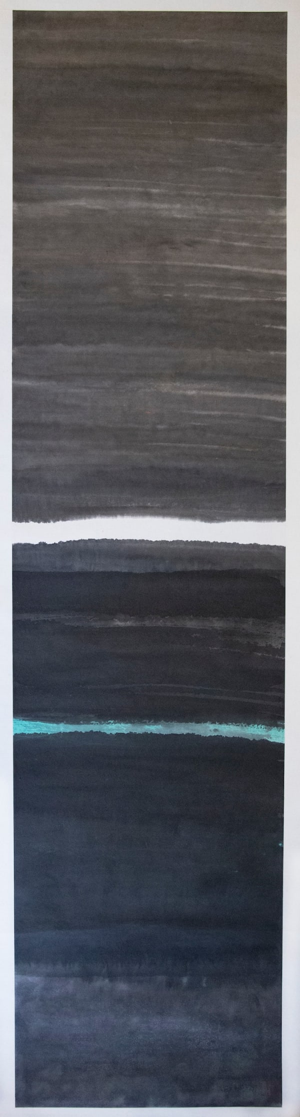 Artwork by Ye sue with dark colors and white line in the center, available at the Rebecca Hossack Art Gallery.