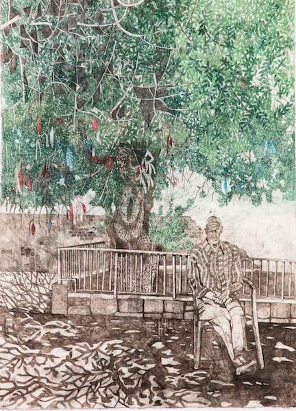 Monoprint on mulberry paper of an old man in a chair sleeping under a green tree by British-Cypriot artist Sophie Charalambous.