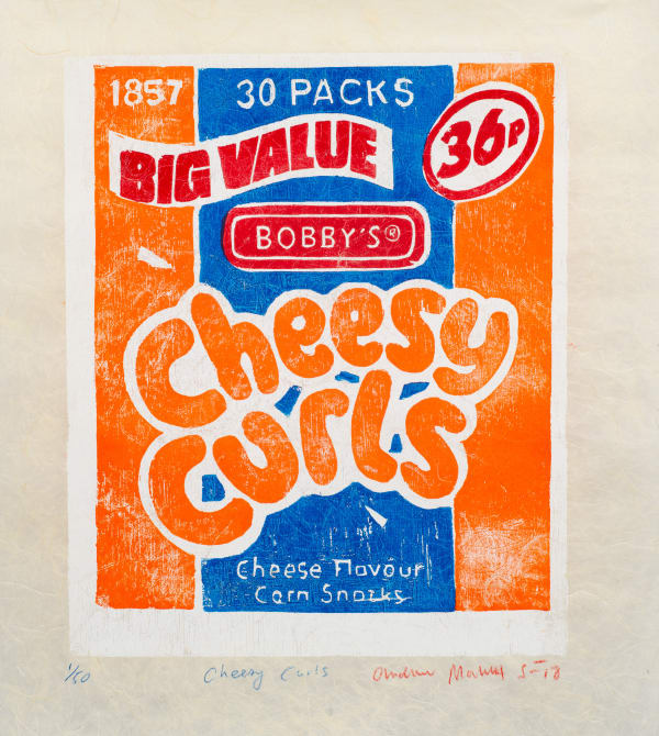 Blue and orange print of a Cheesy Curls bag by British pop artist Andrew Mockett.