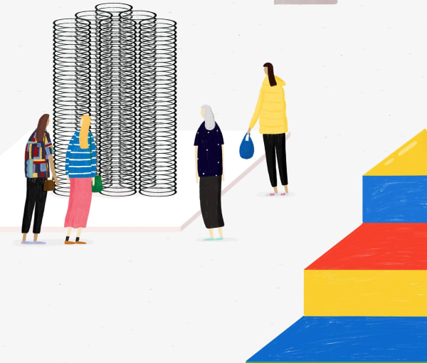 Rose Blake british artist illustrator station museum public spaces with minimal colour shapes and tiny subjects in playful style