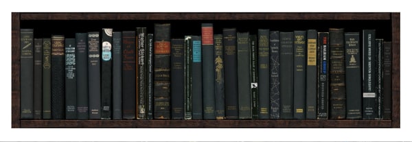 Black Bookshelf print featuring stations on the Northern Line of the London Underground by acclaimed British artist Phil Shaw represented by Rebecca Hossack Art Gallery.