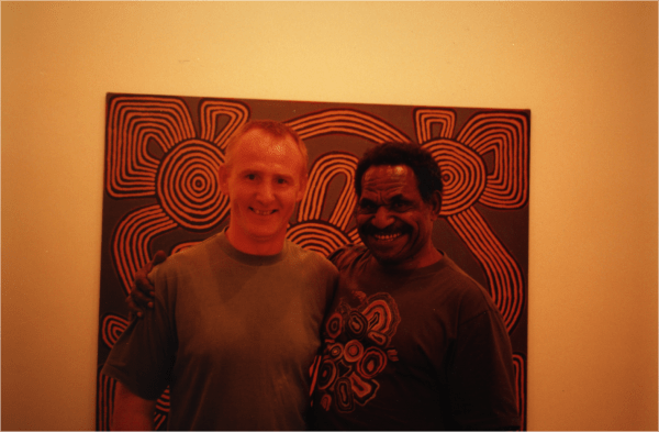 Mathias Kauage with Paul Moriarty at the Rebecca Hossack Art Gallery in London