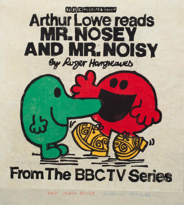 Mr. Nosey and Mr. Noisy Mr. Men pop art cartoon woodcut print by British artist Andrew Mockett represented by Rebecca Hossack Art Gallery.
