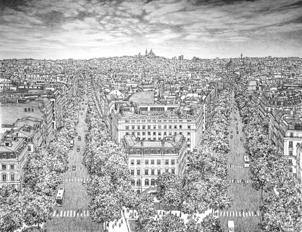 charcoal on paper by Roy Wright of the view of Paris from the Arc de Triomphe looking towards the Sacre-Coeur available at Rebecca Hossack Art Gallery