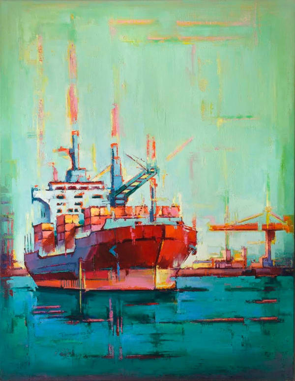 Tilemachos Kyriazatis greek artist painting bright colourful ships in harbors scenery open sea in oil paint on canvas