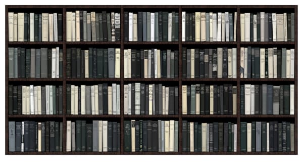 Black and white bookshelf print with titles containing the word truth by acclaimed British artist Phil Shaw represented by Rebecca Hossack Art Gallery, archival print, contemporary art, 2019, London,