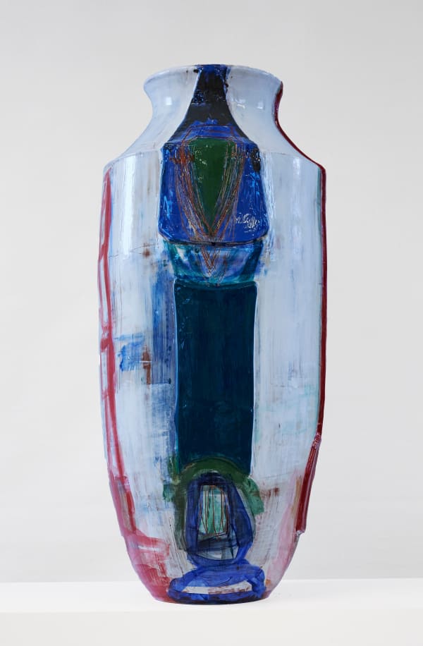 An abstract ceramic vase with complex textures and colours by artist Morten Lassen.