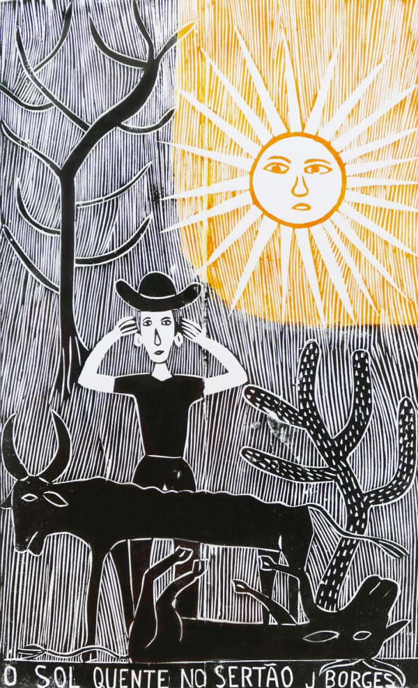 Woodcut on Paper of the Sun, Cowboy and Bulls - by José Borges and Represented by Rebecca Hossack Gallery.