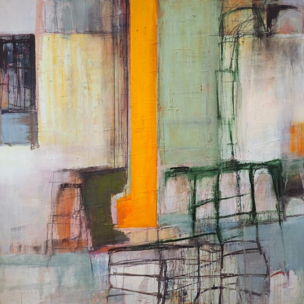 Danish artist Morten Lassen's expressive abstract painting in oil on linen with geometric orange and green colour and texture