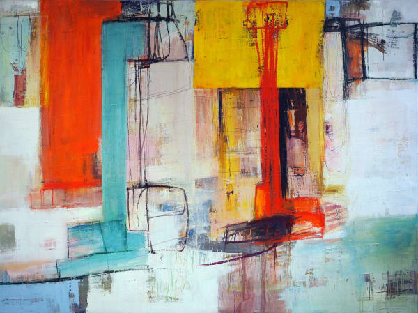 Danish artist Morten Lassen's expressive abstract painting in oil on linen with geometric orange and red colour and texture