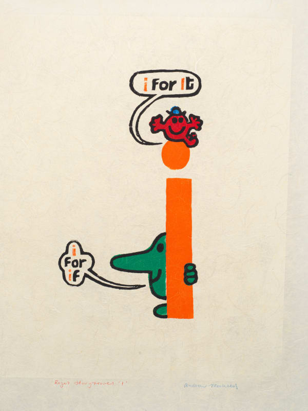 Orange pop art print of the letter i featuring two Mr. Men cartoon characters by British artist Andrew Mockett represented by Rebecca Hossack Art Gallery.