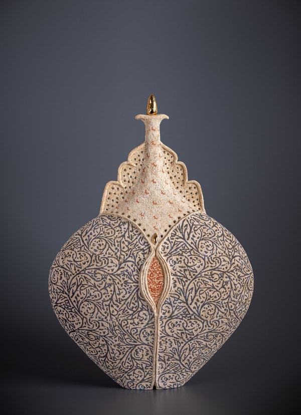 Ceramic vessel by ceramist Avital Sheffer, from Israel and New South Wales, Australia. Hand built earthenware vessel with blue and red details. Contemporary, anthropomorphic and voluptuous artwork.