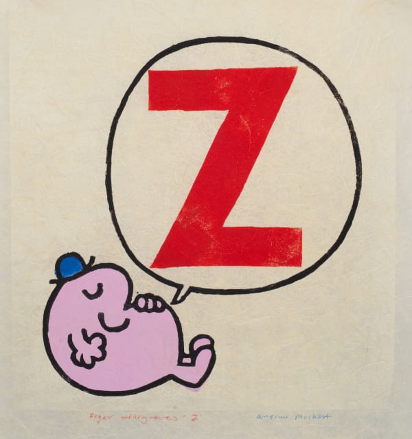 Red pop art print of the letter Z featuring a Mr. Men cartoon character by British artist Andrew Mockett represented by Rebecca Hossack Art Gallery.
