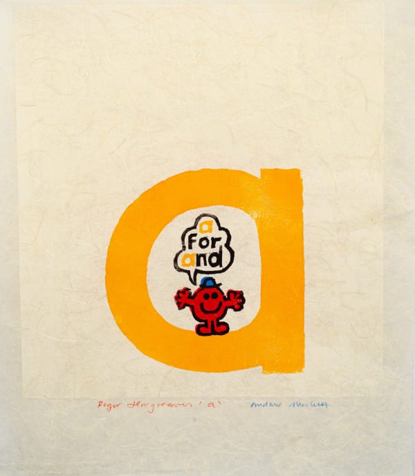 Yellow pop art print of the letter A featuring a Mr. Men cartoon character by British artist Andrew Mockett represented by Rebecca Hossack Art Gallery.