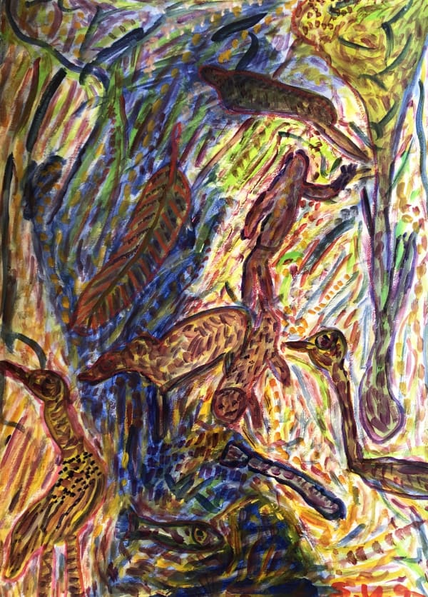 Uddin’s paintings – done in gouache on paper – shimmer with expressive colour. Their characteristic short, dynamic brushstrokes impart a compelling energy to each scene