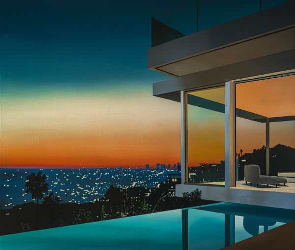 Painting of a modern home overlooking lit up city at dusk with a blue and orange sunset by British artist Laurence Jones.