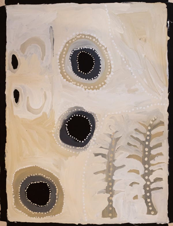 A painting featuring dark circles and tree-like shapes by Aboriginal-Australian artist Tjukupati James entitled Kunga Kutjara - Tjukupati, available at The Rebecca Hossack Art Gallery