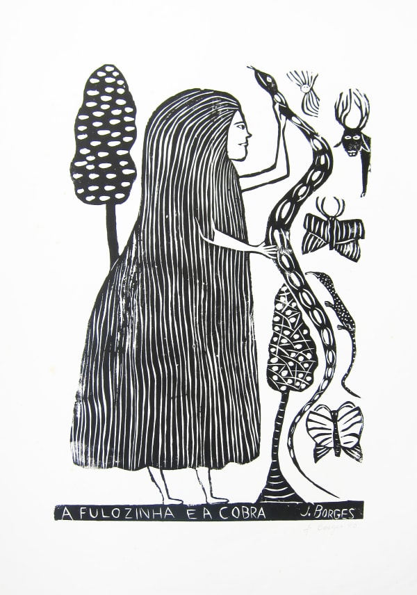 Fulozinha and The Cobra - black and white woodcut on paper by José Borges. Represented by Rebecca Hossack Gallery.