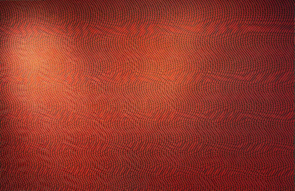 Abstract red painting by British artist David Whitaker, titled November. The work features layered tones of red with string used to create a precise linear effect.