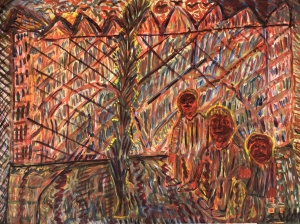 gouache paint on paper by Shafique Uddin of tree men standing in front of a large red building available at Rebecca Hossack Art Gallery