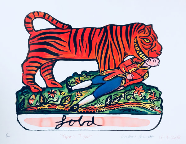 Screen printed woodcut of a tiger with a man in its mouth by British pop artist Andrew Mockett represented by Rebecca Hossack Art Gallery.