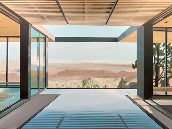 A painting out of the window of a modernist house with a pool looking out at a desert by British artist Laurence Jones.