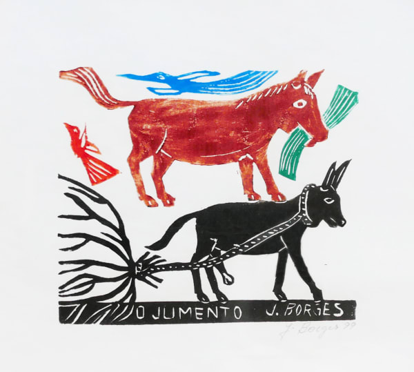 Donkeys, colourful woodcut on paper by José Borges. Represented by Rebecca Hossack Gallery.