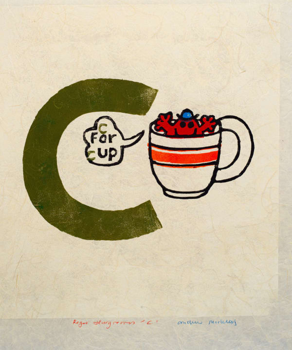 Green pop art print of the letter C featuring a Mr. Men cartoon character in a mug by British artist Andrew Mockett represented by Rebecca Hossack Art Gallery.