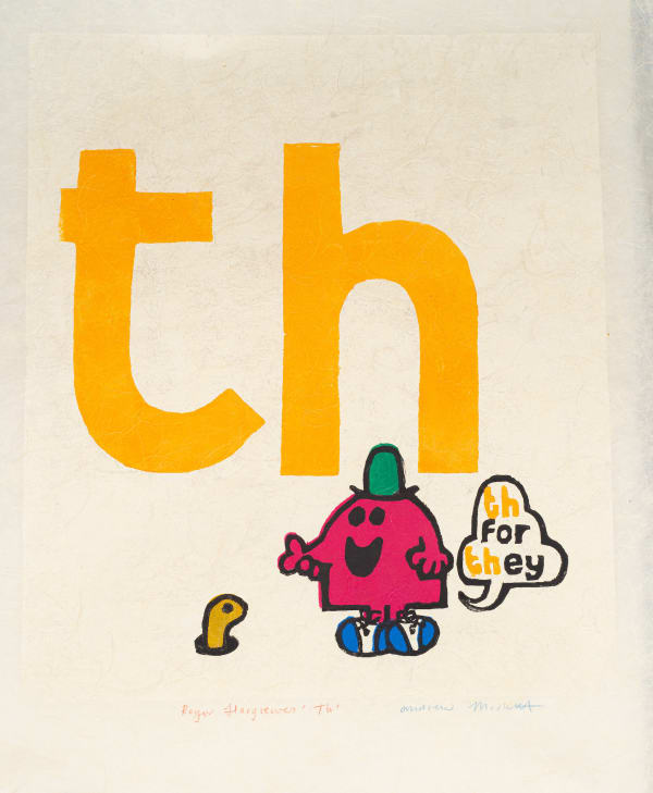 Yellow pop art print of TH featuring a Mr. Men cartoon character by British artist Andrew Mockett represented by Rebecca Hossack Art Gallery.