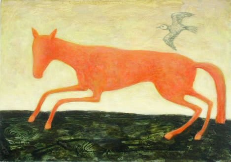 Orange horse and bird acrylic painting acrylic painting by Alasdair Wallace. Represented by Rebecca Hossack Gallery.