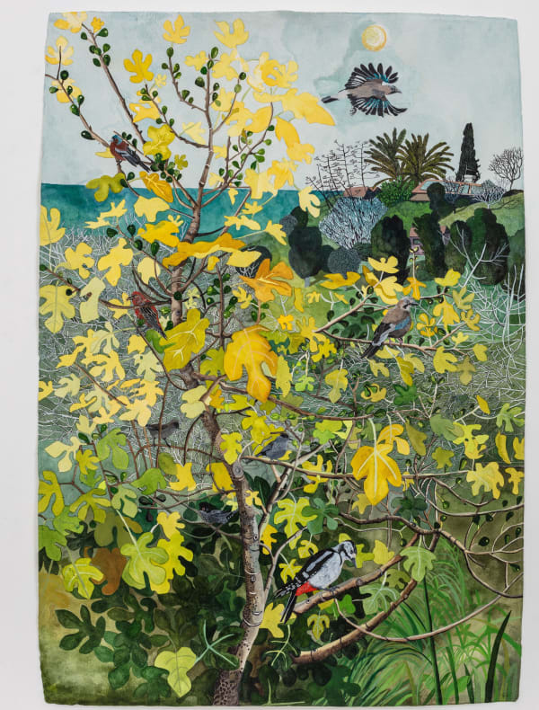 watercolour painting of a yellow fig tree surrounded by flora and fauna inspired by the scenery of Cyprus by British-Cypriot artist Sophie Charalambous.