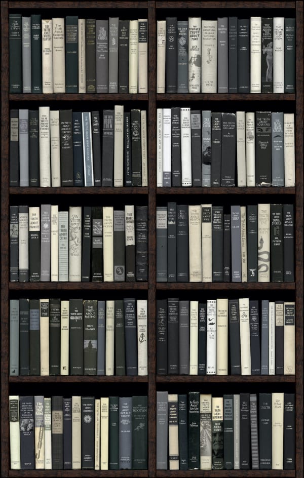 Black and white bookshelf print by artist Phil Shaw represented by Rebecca Hossack Gallery, 2021, archival print, contemporary art